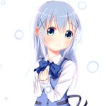  1girl aqua_eyes bangs blue_neckwear blue_vest blush bow bowtie buttons closed_mouth collared_shirt commentary_request deka_tomato eyebrows_visible_through_hair flat_chest gochuumon_wa_usagi_desu_ka? hair_ornament hairclip hands_on_own_chest hands_together kafuu_chino light_blue_hair long_hair long_sleeves looking_at_viewer rabbit_house_uniform shirt sidelocks smile solo upper_body vest white_background white_shirt wing_collar x_hair_ornament 