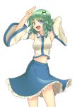  1girl arms_up blue_eyes detached_sleeves frills frog_hair_ornament green_hair hair_ornament hitsune kochiya_sanae looking_at_viewer midriff open_mouth shirt simple_background skirt sleeveless sleeveless_shirt snake_hair_ornament solo touhou white_background 