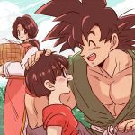  1boy 2girls basket black_eyes black_hair chinese_clothes closed_eyes clouds cloudy_sky dougi dragon_ball dragonball_z grandfather_and_granddaughter grandmother_and_granddaughter happy looking_at_another miiko_(drops7) multiple_girls open_mouth short_hair sky smile tied_hair 