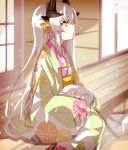  1girl animal animal_on_lap bangs cat closed_mouth day fate/grand_order fate_(series) floral_print from_side green_kimono hiiragi_fuyuki horns japanese_clothes kimono kiyohime_(fate/grand_order) long_hair long_sleeves on_floor outdoors petals profile silver_hair sitting sleeves_past_wrists sliding_doors smile solo tatami veranda very_long_hair white_cat wide_sleeves wooden_floor yellow_eyes 