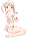  1girl ass aymusk barefoot bikini blonde_hair blue_bikini blue_eyes cake eating food fork full_body highres long_hair looking_at_viewer open_mouth original side-tie_bikini simple_background sitting solo swimsuit twintails wariza white_background 