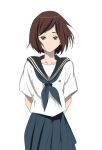  1girl arms_behind_back brown_eyes brown_hair eba_kurako grey_skirt hair_ornament hairclip hyouka looking_at_viewer school_uniform serafuku shinta_yoshino short_hair skirt solo standing 