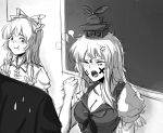  1boy 2girls anger_vein bow breasts chalkboard cleavage clenched_hand closed_eyes collarbone crying fujiwara_no_mokou greyscale hair_bow hat highres kamishirasawa_keine koissa long_hair looking_at_another monochrome multiple_girls open_mouth puffy_short_sleeves puffy_sleeves short_sleeves tears touhou 