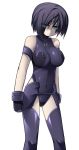  1girl bare_shoulders black_hair blue_eyes covered_navel erect_nipples eyes_visible_through_hair gloves hunched_over impossible_clothes katami_shinta leotard looking_at_viewer original pale_skin parted_lips short_hair skin_tight thigh-highs 