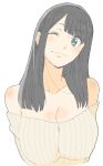 1girl absurdres aqua_eyes bangs bare_shoulders black_hair blunt_bangs blush breasts cleavage closed_mouth donguri_suzume eyebrows_visible_through_hair head_tilt highres large_breasts long_hair looking_at_viewer one_eye_closed simple_background smile solo sweater_vest upper_body white_background 