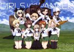  6+girls absurdres alternate_costume anchovy arm_around_back asymmetrical_bangs bandage bangs black_eyes black_hair black_legwear black_neckwear black_ribbon black_skirt blonde_hair blouse blue_eyes blue_hat boko_(girls_und_panzer) bow bowtie braid brown_eyes brown_footwear brown_hair calendar closed_mouth clouds cloudy_sky collared_shirt copyright_name cover cup darjeeling day drill_hair english eyebrows_visible_through_hair girls_und_panzer grass green_hair green_skirt ground_vehicle hair_ribbon hand_on_hip hat high-waist_skirt highres holding holding_instrument holding_stuffed_animal instrument jumping kantele katyusha kay_(girls_und_panzer) kneeling layered_skirt leaning_forward legs_crossed light_brown_hair light_smile loafers long_hair long_sleeves looking_at_viewer midriff mika_(girls_und_panzer) military military_vehicle miniskirt motor_vehicle mountain multiple_girls navel neckerchief nishi_kinuyo nishizumi_maho nishizumi_miho official_art one_eye_closed ooarai_school_uniform open_mouth outdoors oversized_clothes panzerkampfwagen_iv pleated_skirt pose reaching red_eyes ribbon riding_crop salute saucer school_uniform serafuku shimada_arisu shirt shoes short_hair siblings side_ponytail sisters skirt sky sleeves_past_wrists smile socks standing stuffed_animal stuffed_toy tank teacup thigh-highs tied_hair trait_connection twin_braids twin_drills twintails v white_blouse white_shirt zettai_ryouiki 