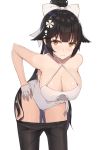  1girl azur_lane bangs bare_shoulders black_hair blunt_bangs bow breasts brown_eyes cleavage cleavage_cutout collarbone expressionless flower gloves hair_bow hair_flower hair_ornament halterneck hands_on_hips hanging_breasts hips kanikou large_breasts leaning_forward long_hair navel_cutout pantyhose pantyhose_pull ponytail simple_background solo swimsuit takao_(azur_lane) thighs white_background white_bow white_gloves white_swimsuit 