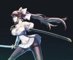  1girl aiguillette azur_lane bangs black_background black_legwear bow breasts brown_eyes brown_hair closed_mouth double-breasted fighting_stance gloves gluteal_fold hair_bow highres holding holding_sword holding_weapon itaco1987 katana large_breasts legs_apart long_hair long_sleeves looking_at_viewer military military_uniform panties panties_under_pantyhose pantyhose pantyshot pantyshot_(standing) pleated_skirt ponytail profile sheath simple_background skirt solo standing sword takao_(azur_lane) thighband_pantyhose underwear uniform unsheathed very_long_hair weapon white_bow white_gloves white_panties 