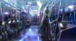  1girl backpack bag blonde_hair closed_mouth commentary_request denki from_side grey_eyes ground_vehicle headphones holding jacket long_sleeves neon_lights original profile skirt solo_focus standing train train_interior 
