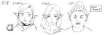  1boy 2girls :o adoring_fan bangs commentary_request comparison dungeon_meshi elf english futoshi_slim greyscale long_hair looking_at_viewer marcille monochrome multiple_girls parted_bangs parted_lips pointy_ears pointy_hair simple_background smile speech_bubble staff sweat the_elder_scrolls the_elder_scrolls_iv:_oblivion white_background 
