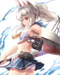  1girl animal_ears armpits ayanami_(azur_lane) azur_lane bare_shoulders belt breasts commentary_request highres holding holding_weapon long_hair looking_at_viewer miniskirt murano_(ursa_polaris) panties pleated_skirt red_eyes school_uniform serafuku silver_hair skirt small_breasts solo underwear weapon white_panties 