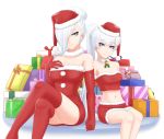  2girls artist_name bell bell_collar bow breasts christmas collar cslucaris elbow_gloves eyebrows_visible_through_hair fur_collar gift gloves hair_bun hair_over_one_eye hand_holding hand_on_own_chest hat highres legs_crossed long_hair looking_at_viewer medium_breasts midriff multiple_girls navel rwby santa_costume santa_hat siblings sisters smile thigh-highs thighs weiss_schnee white_background white_hair winter_schnee 