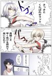  &gt;:) &gt;:d 1boy 2girls :d =_= alternate_costume artoria_pendragon_(all) bangs breasts fang fate/grand_order fate_(series) fujimaru_ritsuka_(male) hair_ribbon highres jeanne_alter koro_(tyunnkoro0902) large_breasts multiple_girls open_mouth parted_lips ribbon ruler_(fate/apocrypha) saber_alter scoreboard short_sleeves silver_hair smile speech_bubble sportswear sweat table_tennis tennis_uniform thought_bubble translation_request tsurime yellow_eyes 