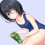  1girl another black_hair blue_background blue_swimsuit brown_eyes eyepatch huyumitsu looking_at_viewer misaki_mei school_swimsuit short_hair sitting solo swimsuit 