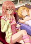  2girls :d :o absurdres alarm_clock blonde_hair cellphone character_doll clock closed_eyes female_pervert grin highres holding holding_phone idolmaster idolmaster_cinderella_girls jougasaki_mika jougasaki_rika long_hair looking_at_viewer multiple_girls open_mouth parted_lips pervert phone pillow pink_hair shashing siblings sisters sitting sleeping smile takamiya_nao teeth yellow_eyes yuri 