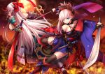  2girls blue_eyes breasts closed_mouth fate/grand_order fate_(series) japanese_clothes katana large_breasts miyamoto_musashi_(fate/grand_order) multiple_girls oni_horns red_eyes ribbon scabbard sheath sideboob silver_hair sword tomoe_gozen_(fate/grand_order) toshi_(1-147) weapon 