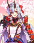  1girl armor blush bow breasts cherry_blossoms fate/grand_order fate_(series) floral_background gloves hair_between_eyes hair_bow headband highres horonosuke japanese_armor japanese_clothes large_breasts long_hair looking_at_viewer oni_horns open_mouth red_eyes red_gloves silver_hair sketch solo tomoe_gozen_(fate/grand_order) twitter_username 