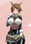  1girl ayuayu_(shouyu_no_sato) bangs blush bodysuit bodysuit_under_clothes breasts brown_hair eyebrows_visible_through_hair flipped_hair gloves green_eyes grey_skirt headgear kantai_collection large_breasts lips looking_at_viewer miniskirt mutsu_(kantai_collection) pink_background pleated_skirt shiny shiny_clothes short_hair skin_tight skirt skirt_lift smile solo striped striped_skirt upper_body white_background white_gloves wide_hips 