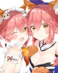  2girls animal_ears bell bell_collar blush blush_stickers breasts cleavage collar dual_persona fang fate/extra fate/grand_order fate_(series) fox_ears hair_ribbon japanese_clothes large_breasts long_hair looking_at_viewer maid_headdress multiple_girls one_eye_closed open_mouth paws pink_hair ribbon simple_background tamamo_(fate)_(all) tamamo_cat_(fate) tamamo_no_mae_(fate) white_background yellow_eyes yuasa_amama 
