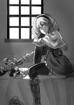  1girl alice_margatroid black_legwear boots capelet character_doll crying crying_with_eyes_open cutting frills greyscale hairband highres kirisame_marisa koissa monochrome parted_lips scissors short_hair sitting tears touhou window 