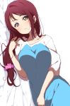  &gt;:( 1girl angry bed_sheet blush breasts dress hand_up highres icehotmilktea long_hair looking_at_viewer love_live! love_live!_sunshine!! low-tied_long_hair lying medium_breasts on_side pink_scrunchie redhead sakurauchi_riko sideways simple_background solo white_background yellow_eyes 