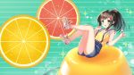  1girl :o bangs bare_arms bare_legs black_hair blue_eyes blue_skirt blush eyebrows_visible_through_hair food frilled_sleeves frills fruit full_body gradient_hair grapefruit_slice green_background green_hair hair_ornament hairclip holding holding_spoon legs legs_up lemon lemon_slice long_hair looking_at_viewer minigirl multicolored_hair no_socks open_mouth original ponytail pudding see-through shirt shoes short_sleeves sidelocks skirt sneakers solo sparkle striped striped_background suspender_skirt suspenders tareme white_footwear yatsuki_yura yellow_shirt 