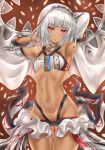  1girl absurdres altera_(fate) armpits bangs bare_shoulders blush breasts cowboy_shot dark_skin detached_sleeves fate/extella fate/extra fate_(series) highres long_sleeves looking_at_viewer midriff navel nez-kun parted_lips red_eyes short_hair small_breasts solo tattoo tsurime veil white_hair 
