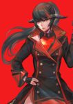  1girl au_ra black_hair dragon_horns final_fantasy final_fantasy_xiv fingerless_gloves gloves gun horns long_hair looking_at_viewer machinist_(final_fantasy) multicolored_hair ponytail preyanan_suwanpramote red_background red_eyes scales simple_background solo standing two-tone_hair weapon 