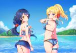  2girls arm_behind_back ass ayase_eli beach bikini blonde_hair blue_eyes blue_hair blue_sky emia_wang flower frilled_bikini frills hair_flower hair_ornament halterneck hand_on_own_chest hand_on_own_thigh highres long_hair looking_at_viewer love_live! love_live!_school_idol_project low-tied_long_hair multiple_girls outdoors ponytail scrunchie sky smile sonoda_umi swimsuit wading yellow_eyes 