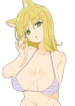  1girl absurdres animal_ears bangs bare_arms bare_shoulders bikini blonde_hair blue_bikini breasts breasts_apart donguri_suzume eyebrows_visible_through_hair green_eyes hair_between_eyes head_tilt highres horizontal_pupils large_breasts long_hair looking_at_viewer mole navel parted_lips simple_background solo striped striped_bikini swimsuit upper_body white_background 