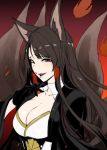  1girl akagi_(azur_lane) animal_ears azur_lane bangs black_gloves black_hair blush breasts clash_kuro_neko cleavage eyebrows_visible_through_hair fire fox_ears fox_tail gloves japanese_clothes large_breasts long_hair looking_at_viewer multiple_tails open_mouth red_eyes shiny shiny_hair shiny_skin smile solo tail wide_sleeves 