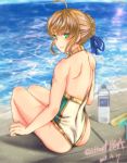  1girl ahoge artoria_pendragon_(all) artoria_pendragon_(swimsuit_archer) blonde_hair blue_ribbon braid fate/grand_order fate/stay_night fate_(series) green_eyes hair_ribbon highres milia_simohayha one-piece_swimsuit pool poolside ribbon saber sitting solo swimsuit tied_hair water white_swimsuit 