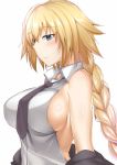  1girl alternate_eye_color backless_outfit bare_shoulders blonde_hair blue_eyes blush braid breasts fate/apocrypha fate_(series) halterneck jacket large_breasts lips long_hair necktie off_shoulder removing_jacket ruler_(fate/apocrypha) saintshiro shirt sideboob simple_background single_braid smile solo upper_body white_background white_shirt wing_collar 
