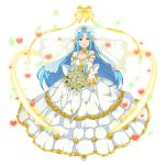  1girl :d asuna_(sao-alo) bell blue_eyes blue_hair bouquet bridal_veil dress elbow_gloves floating_hair flower full_body gloves heart holding holding_bouquet long_hair looking_at_viewer open_mouth pointy_ears sleeveless sleeveless_dress smile solo sword_art_online transparent_background veil very_long_hair wedding_dress white_dress white_flower white_gloves yellow_flower 