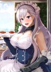  1girl :d azur_lane bare_shoulders belfast_(azur_lane) blue_eyes blush braid breasts chains cleavage collar commentary_request elbow_gloves erect_nipples french_braid gloves highres kanzaki_kureha large_breasts long_hair looking_at_viewer maid maid_headdress open_mouth silver_hair smile solo tray 