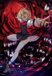  1girl ahoge black_skirt black_vest blonde_hair boots fang foreshortening juliet_sleeves koissa long_sleeves open_mouth outstretched_arms puffy_sleeves red_eyes rumia short_hair skirt solo thigh-highs touhou vest white_legwear 