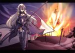  1girl ahoge armor armored_boots bare_shoulders black_gloves boots breasts burning_at_the_stake chains closed_eyes closed_mouth elbow_gloves fate/grand_order fate_(series) flag fu-ta gauntlets gloves greaves headpiece highres jeanne_alter long_hair medium_breasts planted_sword planted_weapon ruler_(fate/apocrypha) silver_hair smile solo sword thigh-highs thigh_boots very_long_hair weapon 