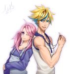  1boy 1girl ahoge alternate_costume blonde_hair blue_eyes blue_hair casual ezreal krys league_of_legends leaning_on_person looking_at_viewer luxanna_crownguard multicolored_hair one_eye_closed overalls pink_hair signature simple_background smile spiky_hair star_guardian_ezreal star_guardian_lux tooth_necklace twintails two-tone_hair violet_eyes white_background 