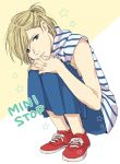  1boy amamiya_konatsu blonde_hair english green_eyes half_updo interlocked_fingers male_focus parted_lips shoes sneakers squatting star yuri!!!_on_ice yuri_plisetsky 