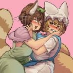  2girls :3 :d angry animal_ears annoyed bangs blonde_hair blush breasts brown_hair chanta_(ayatakaoisii) clenched_teeth closed_eyes dress eyebrows_visible_through_hair fox_ears fox_tail futatsuiwa_mamizou glasses green_dress hat hug large_breasts leaf leaf_on_head long_sleeves motion_lines multiple_girls multiple_tails open_mouth pillow_hat pink_background raccoon_ears raccoon_tail short_hair short_sleeves simple_background smile sweat tabard tail teeth touhou white_dress yakumo_ran 