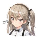  1girl artist_name bangs black_neckwear black_ribbon bow bowtie brown_hair buttons closed_mouth collared_shirt dated expressionless eyebrows_visible_through_hair girls_und_panzer grey_eyes hair_between_eyes hair_ribbon hairband long_hair looking_at_viewer one_side_up portrait ribbon shamakho shimada_arisu shiny shiny_hair shirt signature simple_background solo suspenders tsurime white_background white_shirt 