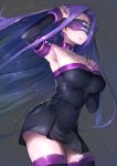  1girl arm_up armpits bare_shoulders blindfold breasts collar collarbone commentary commentary_request covered_navel dress elbow_gloves facial_mark fate/stay_night fate_(series) forehead_mark gloves grey_background highres large_breasts long_hair looking_away parted_lips purple_hair rider short_dress simple_background solo strapless strapless_dress taishi_(picchiridou) thigh-highs very_long_hair violet_eyes zettai_ryouiki 