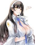  1girl black_hair blush breasts cleavage closed_mouth flower girls_frontline gloves hair_flower hair_ornament hairband heart highres large_breasts long_hair looking_at_viewer qbz-95_(girls_frontline) shirt smile snowru solo upper_body white_gloves white_hairband white_shirt yellow_eyes 