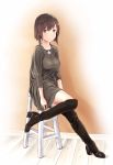  1girl absurdres black_legwear boots breasts brown_eyes brown_hair closed_mouth contemporary dress full_body highres hiryuu_(kantai_collection) jewelry kantai_collection large_breasts leg_up long_sleeves looking_at_viewer necklace short_hair sitting smile solo stool thigh-highs thigh_boots wa_(genryusui) 