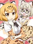  2girls :d animal_ears armpits cat_ears commentary_request elbow_gloves fur_collar glasses gloves gudon_(iukhzl) holding jaguar_(kemono_friends) jaguar_ears jaguar_print kemono_friends light_brown_hair looking_at_viewer margay_(kemono_friends) margay_print microphone multiple_girls open_mouth short_hair silver_hair smile yellow_eyes 