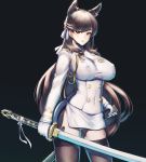  1girl aiguillette animal_ears atago_(azur_lane) azur_lane black_background black_legwear breasts brown_eyes brown_hair cowboy_shot double-breasted gloves hair_ribbon highres holding holding_sword holding_weapon itaco1987 katana large_breasts legs_apart long_hair long_sleeves looking_at_viewer miniskirt mole mole_under_eye panties pantyshot pantyshot_(standing) parted_lips ribbon simple_background skirt smile solo standing sword thigh-highs tsurime underwear unsheathed upskirt very_long_hair weapon white_gloves white_panties white_ribbon white_skirt 