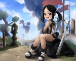  1girl black_eyes black_hair black_skirt blade_&amp;_soul boots flag hands_together highres long_hair okamin open_mouth outdoors shirt sitting skirt smile solo sword tree twintails weapon white_shirt 