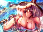  1girl armlet bare_shoulders beach breasts choker cleavage collarbone day eyepatch_bikini fate/grand_order fate_(series) hangetsuban_sonshou hat highres huge_breasts katana long_hair looking_at_viewer minamoto_no_raikou_(fate/grand_order) minamoto_no_raikou_(swimsuit_lancer)_(fate) parted_lips partially_submerged purple_hair smile solo sunlight sword very_long_hair violet_eyes weapon 