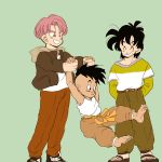  3boys barefoot belt black_hair carrying closed_eyes dragon_ball dragonball_z expressionless eyebrows_visible_through_hair green_background hand_in_pocket happy highres jacket long_sleeves looking_at_another looking_away male_focus mohawk multiple_boys open_mouth pants purple_hair sandals shirt short_hair simple_background smile son_goten together trunks_(dragon_ball) uub violet_eyes white_shirt 