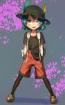  1girl alternate_color backpack bag blue_eyes blue_hair bucket_hat commentary_request fang hands_in_pockets hat hat_feather highres kaban_(kemono_friends) kemono_friends red_shorts short_hair shorts solo spread_legs welt_(kinsei_koutenkyoku) 